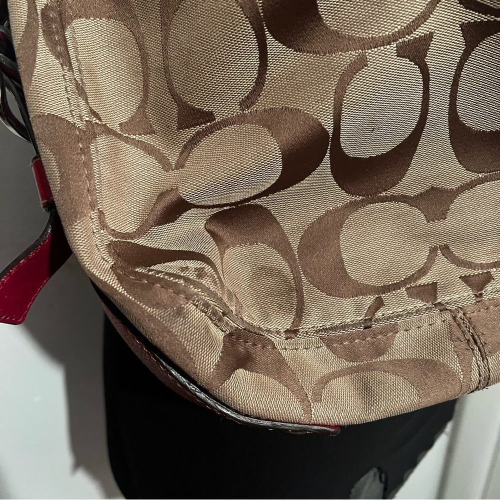 Coach F12674 Zoe Signature C Khaki Jacquard Red Leather Hobo Shoulder Bag - Picture 9 of 16